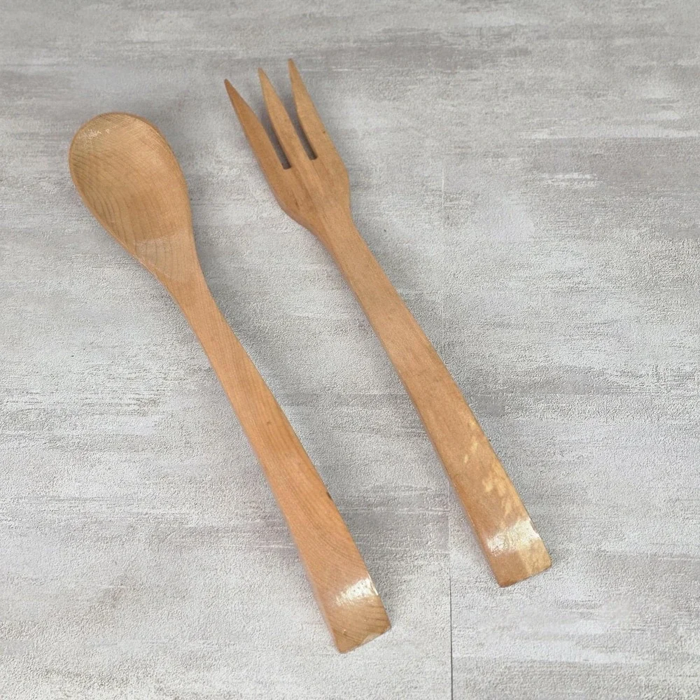 Vintage Primitive Wooden Salad Spoon Fork Set Marked  Made in Occupied Japan MCM
